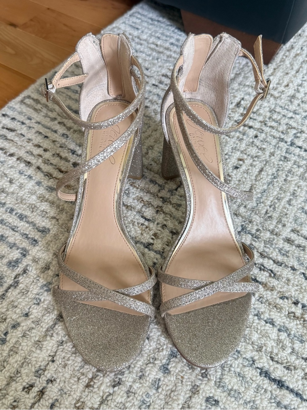 Badgley Mischka Glitter Strappy Block Heels - Champagne